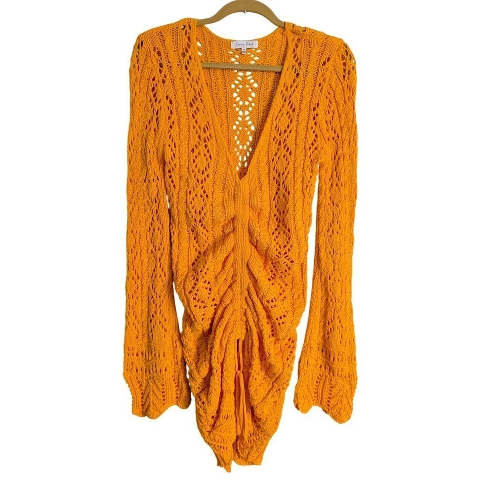 Luna B Whimsy Boho Resortwear Orange Crochet Long Sleeve Mini Dress